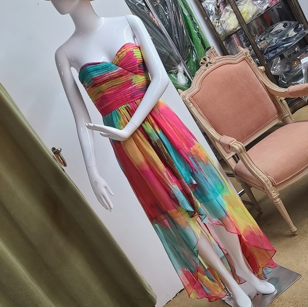 NWT Laundry by Shelli Segal High Low Chiffon Rainbow Dress Size 0